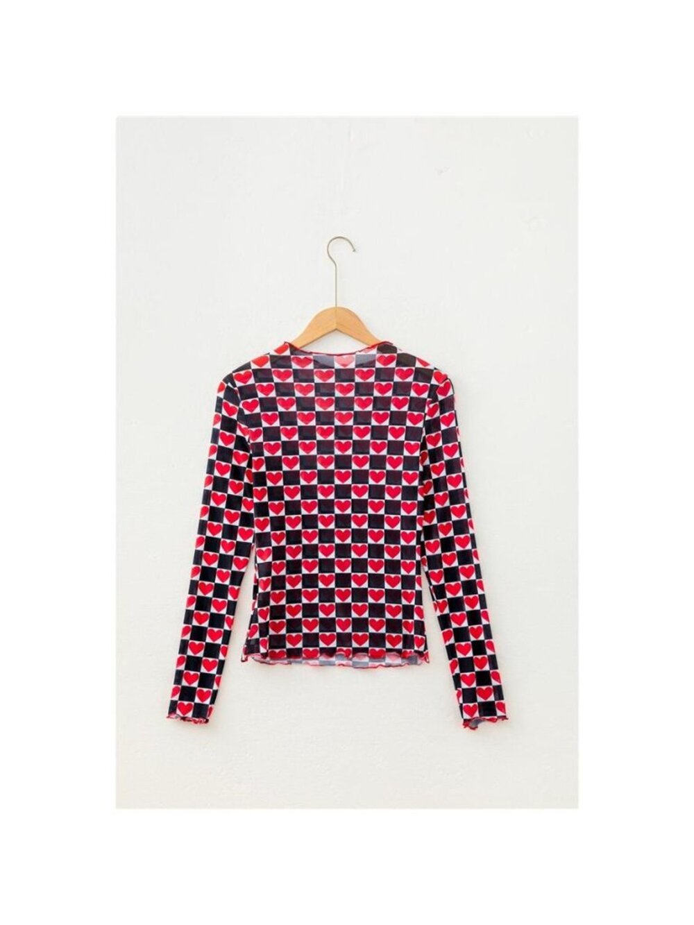 Plaid Heart Mesh Sheer Long Sleeve High Neck Top - Picture 12 of 14
